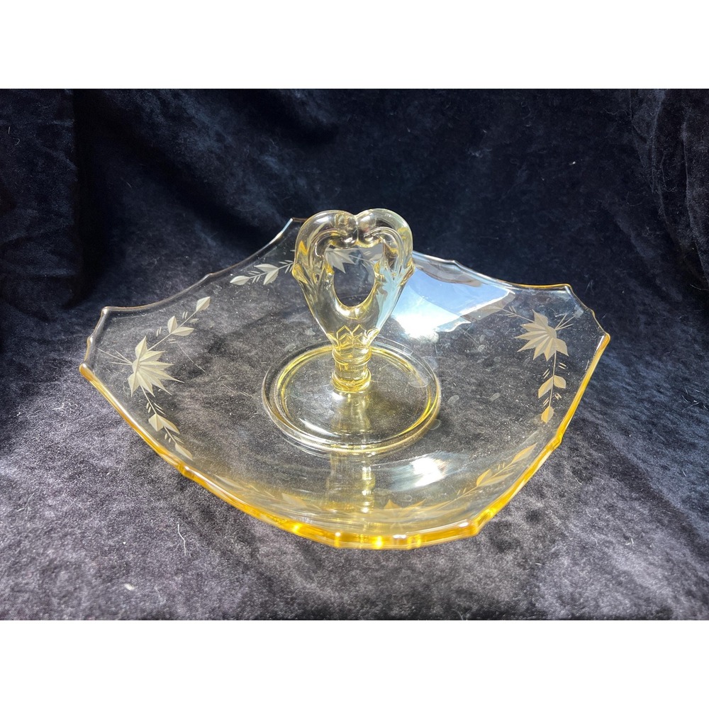 Yellow TidBit Tray Depression Glass Serving Dish Etched Keyhole Handle